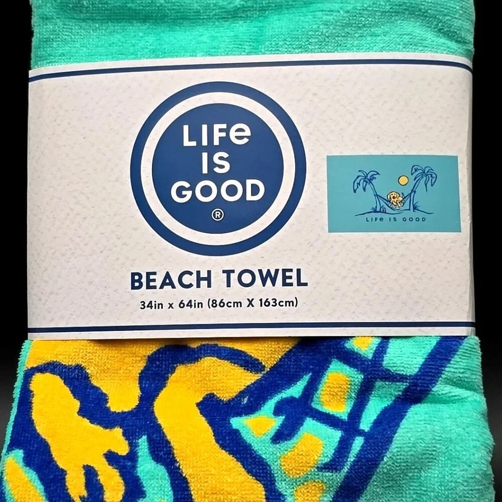 LIFE IS GOOD 100% Cotton Beach Towel Teal & Yellow Size 34